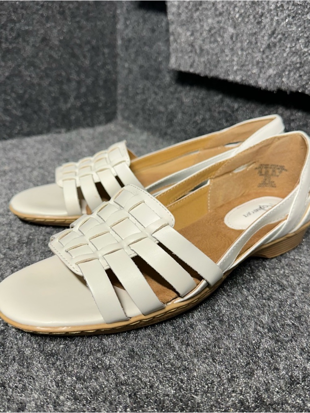 Genuine leather white woven dressy sandals low heel peep toe cottage boho